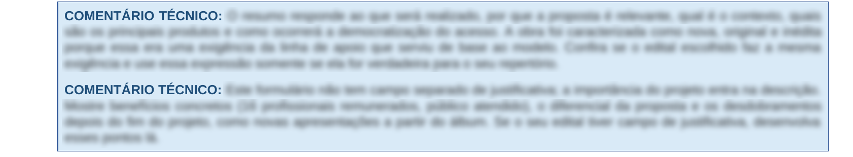Caixas de comentário técnico do projeto comentado
