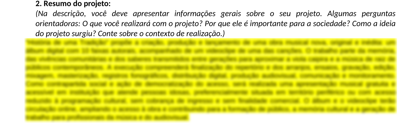 Trecho do projeto com o texto de exemplo marcado em amarelo